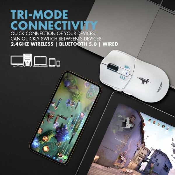 Armaggeddon Gaming Mouse Wired+2.4G+BT Recharge 5B MIRAGE-V White - Image 5