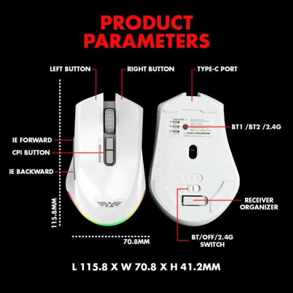 Armaggeddon Gaming Mouse Wired+2.4G+BT Recharge 7B MIRAGE VII Black - Image 3